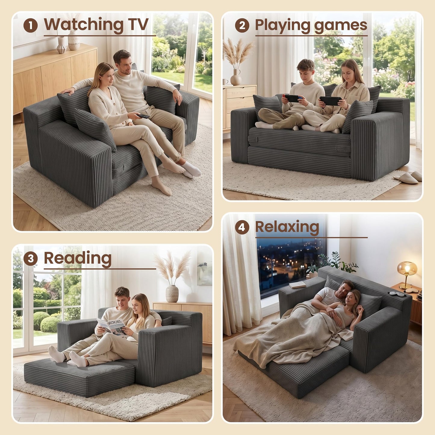 JUIKURY Boneless Mini Couch 53 Inch, 3-in-1 Gray Boneless Couches Covertible Sofa Bed with 4 Pillows, Small Couches for Living Room, Bedroom, Small Space