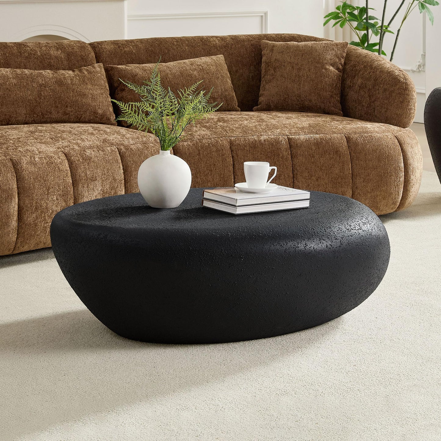 JUSTONE 43.31" Oval Coffee Table for Living Room,Curved Fiberglass Matte Center Table, Elliptical Accent Sofa Table for Apartment Office, No Assembly Required, Black
