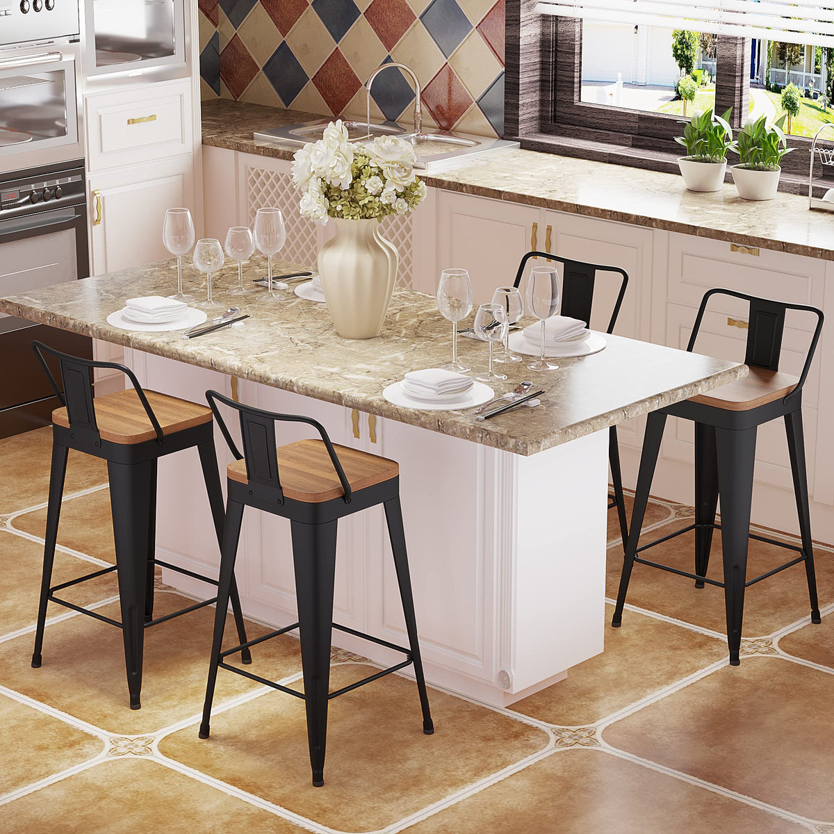 POINTANT Bar Stools Set of 4 Metal Bar Stool Counter Height Bar Stools Black, Modern Bar Chairs with Back and Wooden Seat 30" Bar Stool Counter Height