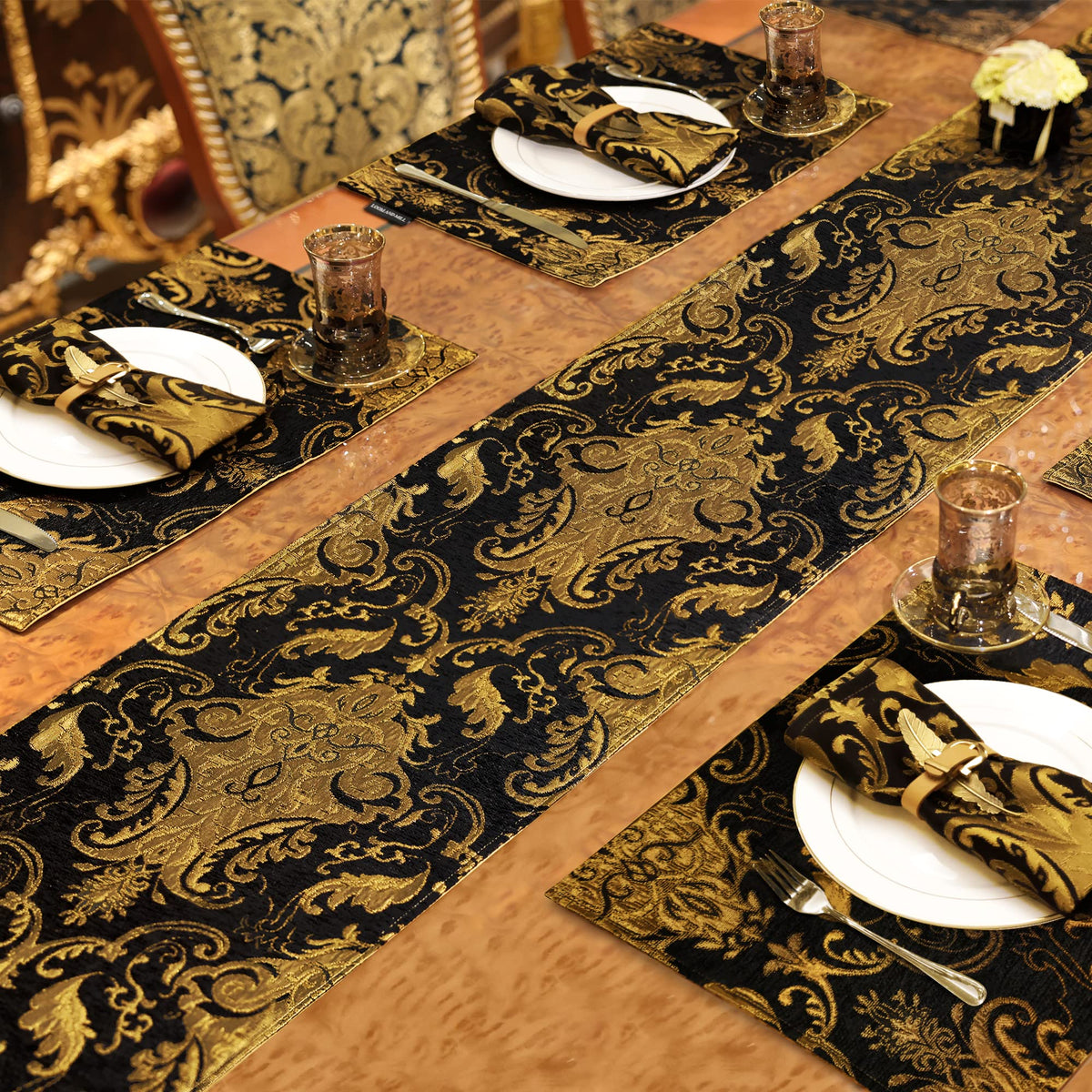 Loom and Mill Luxury Vintage Chenille Table Runner 72 Inches Long, Black