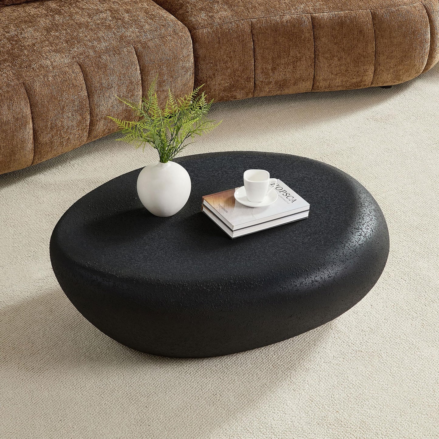 JUSTONE 43.31" Oval Coffee Table for Living Room,Curved Fiberglass Matte Center Table, Elliptical Accent Sofa Table for Apartment Office, No Assembly Required, Black